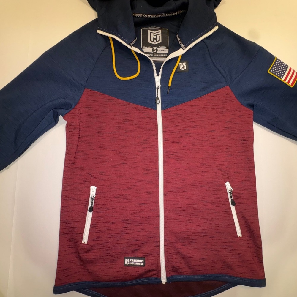 Freedom Industries Mens Full Zip Hoodie Small Navy Burgundy American Flag‎ Patch